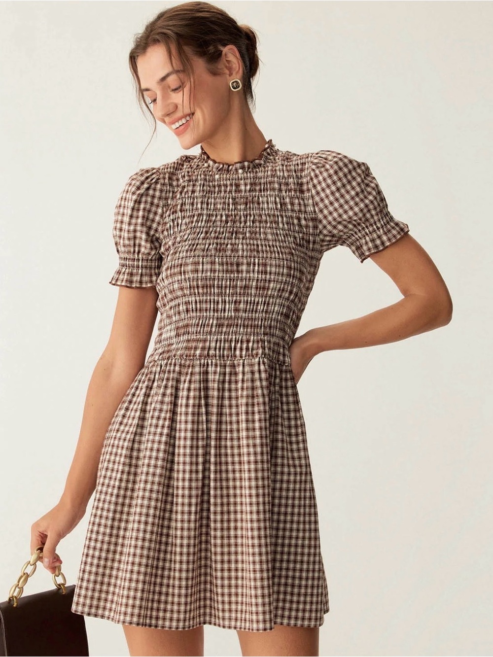 RIHOAS Brown Gingham Smocked Puff-Sleeve Mini Dress